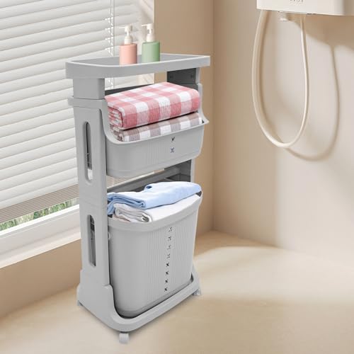 Laundry Basket, Laundry Basket Organizer Sorter Clothes Storage Organizer Shelf Rolling Cart with 4 Wheels, Laundry Hamper Basket Sorter Washing Hamper for Kitchens Bathrooms Bedrooms (3 Tier, Grey) - style: 3 Tier, Grey