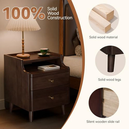 Nightstand Set of 2, Pre-Assembled, 19.7“H Solid Wood Night Stand with 2 Drawers, Open Sliding Shelf, Mid Century Modern Small Bedside Table for Bedroom, Black Walnut 16" - color: Black Walnut-2pack, size: 16"