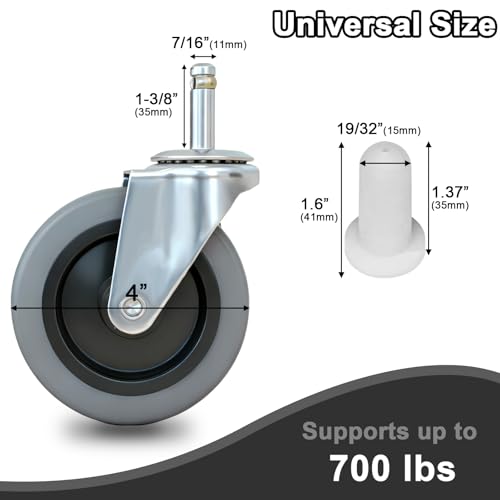 4 Inches Stem Caster Wheels,7/16-Inch Stem Diameter Swivel Rubber Casters,Heavy Duty TPR Replacement Wheels for Rubbermaid Mop Bucket Utility Cart Shop Vac Weber Grills - 4 Pack - style: 7/16"x1-3/8"(No brake)