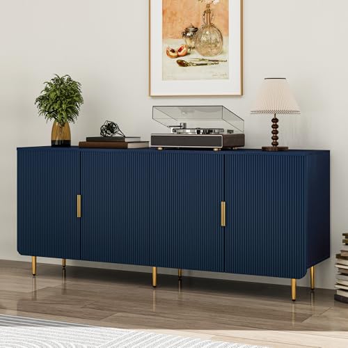 65" Fluted Sideboard Buffet Cabinet with Storage, Console Cabinet with 4 Doors & Adjustable Shelves, Modern Buffet Table for Kitchen Dining Living Room Hallway‌ Entryway, Blue - color: Blue