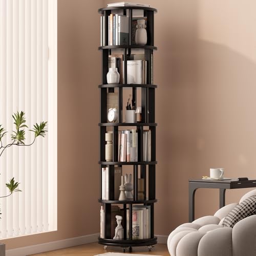 Solid Wood Rotating Bookshelf on Wheels, 6 Tier, Round Revolving Bookcase, 360° Spinning Book Shelf Tower for Kids, Narrow Rolling Bookshelves for Small Space, Corner, Bedroom, Office, Black - color: Black, size: 6 Tier