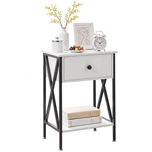 VECELO Nightstand,Modern Bedside End Table, Night Stand with Drawer and Storage Shelf for Living Room Bedroom, Industrial Metal Frame - color: White, size: Set of 1