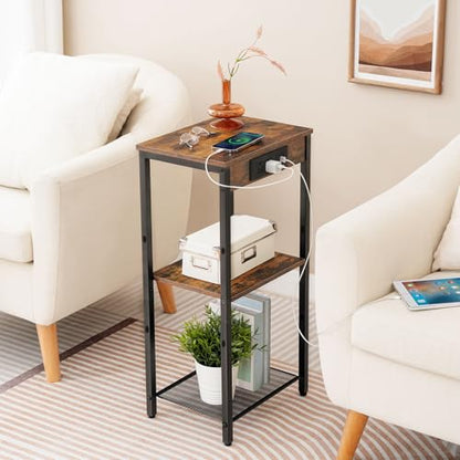 HOOBRO Tall End Tables with Charging Station, Set of 2, 30 Inch Tall Nightstands, 3-Tier Side Tables with Adjustable Storage Shelves, for Living Room, Bedroom, Hallway, Rustic Brown BF09UDHP201G1 - color: Rustic Brown + Black