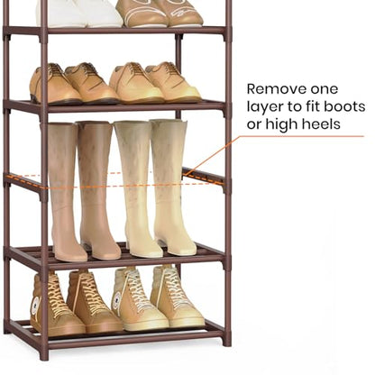 Tall 10 Tier Shoe Rack - 20-24 Pair Storage, Sturdy Metal Shoe Organizer with Hooks for Closet, Entryway, Brown - color: Brown