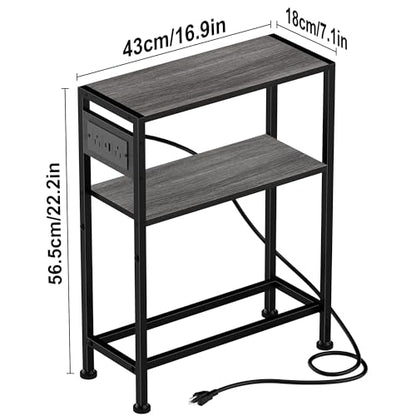 Small Narrow Side Table with Charging Station, Skinny End Table for Small Spaces, Slim Nightstand with Outlets, Sofa Bedside Table in Living Room, Bedroom, Study, Kitchen and Balcony(Grey) - color: Grey