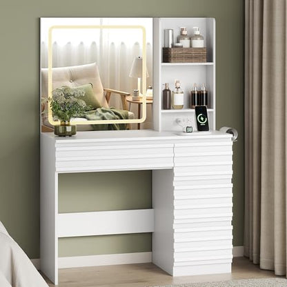Makeup Vanity Desk with Lights, Fluted Vanity with 4 Drawers, Open Shelves, Power Outlet, LED Lighted Mirror, 3 Lighting Modes & Brightness Adjustable, Wood Dressing Table for Bedroom,White - color: White