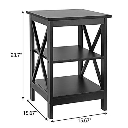 Nouva Square Side Table with Storage 3 Tier Small End Table 16 x 16 Inch Wooden X-Design Table Nightstand for Living Room Bedroom Office Nursery Entryway, Black - color: Balck