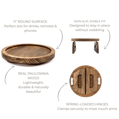 Couch Arm Table Tray – Sofa Armrest Tray Table in Paulownia Wood, Non-Slip Spring-Loaded Fit for Most Couch Arms, Holds Drinks, Remote, Phone | Rustic Brown