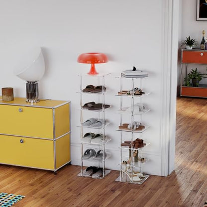 Aquiver Acrylic Vertical Shoe Rack - Free Standing Shoe Rack 7 Tier Shoe Storage Organizer Narrow Shoe Rack for Small Spaces, Entryways, Living Rooms, Bedrooms, 11'' L x 11'' W x 41.7'' H