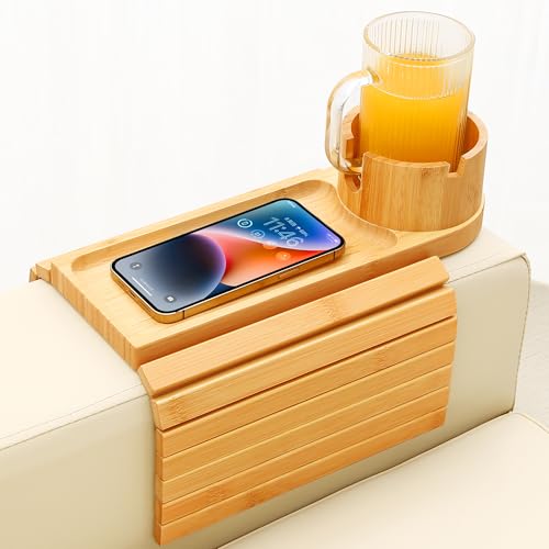 Couch Cup Holder Tray, 15.75" Bamboo Cup Holder for Couch, 3 in 1 Foldable Arm Chair Clip on Side Tray Table for Remote Snack Table on Armrest - color: Bamboo