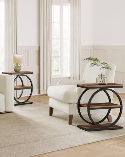 LITTLE TREE End Table Set 2, Side Table with 3 Tiers Shelves, Slim Sofa Side Table for Living Room, Tall Bedside Table Nightstand for Bedroom, Rustic Brown and Black - color: Rustic Brown