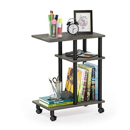 Furinno Turn-N-Tube Side Table, 3-Tier C-Shape End Table with Wheels, Toolless Assembly Night Stand, Bedside Table with Open Shelf, for Living Room, Bedroom, Grey Oak/Black - color: Grey Oak/Black
