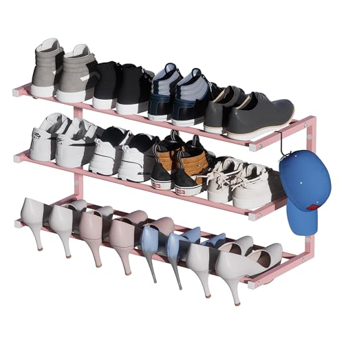 Wall Mounted Shoe Rack, 3 Tier Hanging Shoe Rack Holds 12 Pairs, 17"-30" Adjustable Heavy Duty Metal Shoe Organizer Holder with 2 Storage Hooks, Space Saving for Closet Entryway Doorway（Pink - color: Pink, size: 1 Pack