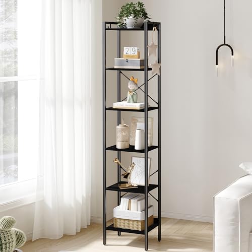 Hzuaneri Bookshelf, Book Shelf, Industrial Bookcase with 2 Hooks, Coner Shelf Storage Organizer for Home Office, Living Room, Bedroom, Kitchen, 6-Tier Black BC10704B - color: Black, size: 9.4"D x 15.4"W x 72.8"H