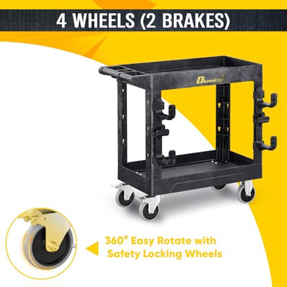 Heavy Duty Plastic Utility Cart 850Lbs, 34" x 17" Rolling Work Cart with Wheels - 2 Tier Service Cart for Warehouse/Garage/Garden - Upgraded 2 Side Tube Hooks, 360° Swivel Lockable Wheels