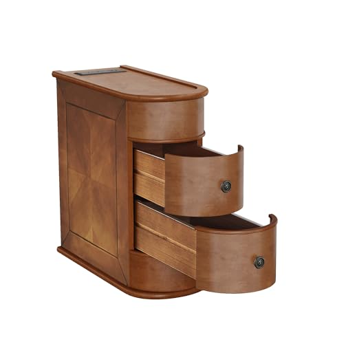 Multifunctional Classic End Table with Charging Station, Sofa Side Narrow Table Bedside Nightstand with Drawers, No Assembly Required - color: Walnut-6.26