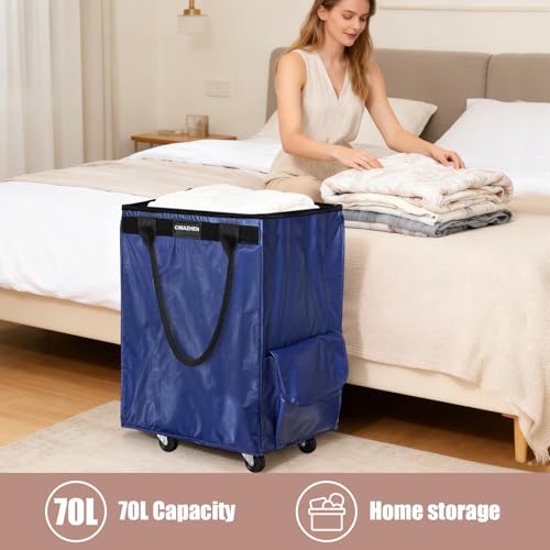 Reusable Grocery Bag Tote Bag with Wheels, Foldable Rolling Tote Bag with 3 Handles and Zipper - color: Blue, size: Medium