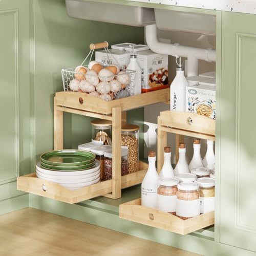 APRTAT 2 Pack Under Sink Organizer, Bamboo Wooden 2-Tier Pull-Out Storage with Sliding Drawers for Kitchen and Bathroom Cabinets, Easy Installation (Natural) - color: Natural