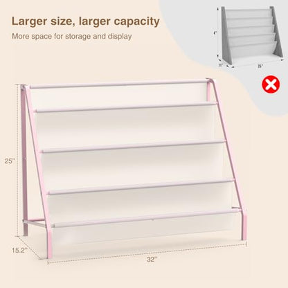 Trieez High-Transparent 4 Tier Kids Bookshelf, Sturdy Metal Large Size Book Rack Storage for Kids - Toddler Book Shelf Display for Nursery, Kids Room, Deep Size Bookshelf Hold More Books, Pink