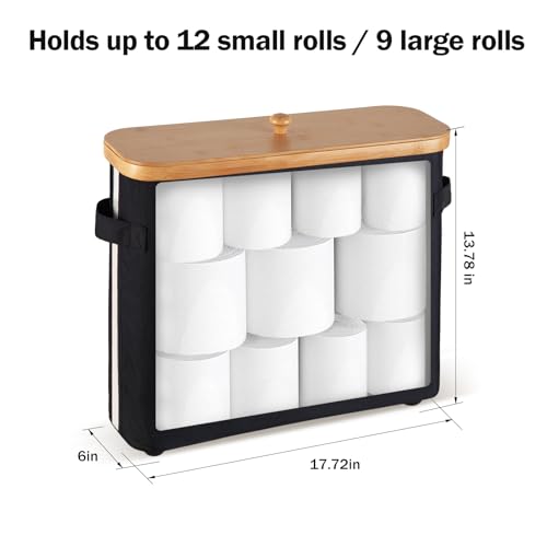 Bathroom Toilet Paper Storage Basket with Lid and Handle， Bamboo Collapsible Toilet Paper Holder Storage with Non-Slip Bottom ,Extra Toilet Roll Storage, Black