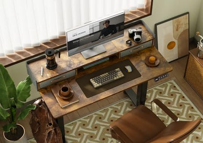Claiks Standing Desk with Drawers, Adjustable Stand Up Electric Small Standing Desk Adjustable Height with Storage Shelf and Splice Board, 40 Inch, Rustic Brown - color: Rustic Brown, size: 39.4×23.6