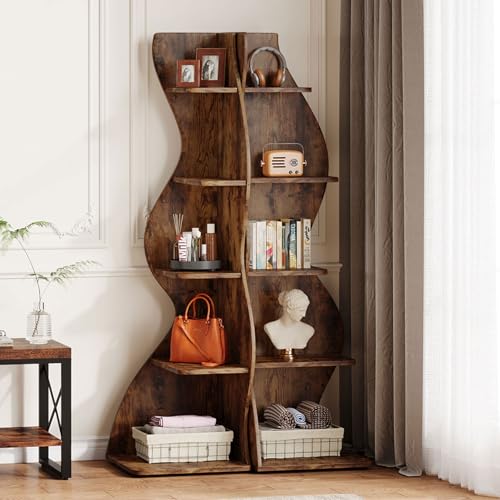 Tribesigns Wavy Corner Shelf Set of 2, Modern 5-Tier Bookshelf Etagere Bookcase with Curvy Shape, Unique Plant Stand Display Shelf for Living Room Small Space (Brown) - color: Brown