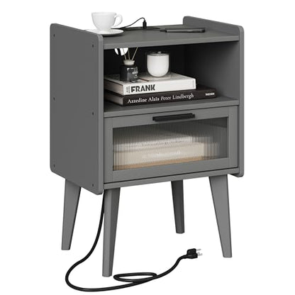 MMEOLUOOK Nightstand with Charging Station, Bedside Tables Grey End Table Side Table with 2 Tiers Storage Space, for Bedroom Living Room CAMLBZ07ZE - color: Grey