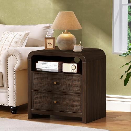Oak&Sparrow Rattan Nightstand, 23.6'' Rattan End Table with Ample Storage, Boho Nightstand with Charging Station, Thickened Curved Profile Design, Oak Nightstands for Living Room, Bedroom - color: Dark Walnut, size: 1 Piece
