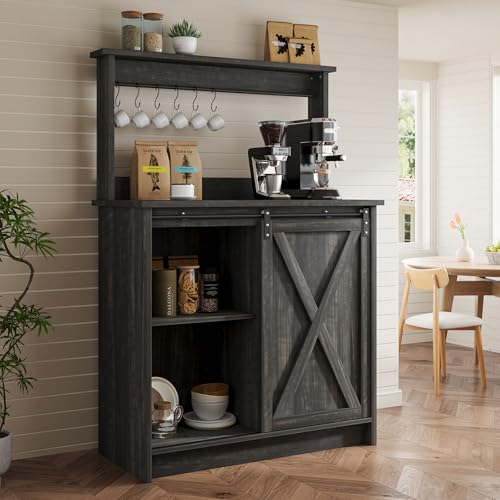 4ever2buy Farmhouse Coffee Bar Cabinet with Hutch, 31 Inch Coffee Bar Hutch with Sliding Barn Door & 6 Hooks for Living Dining Room, Dark Oak | Sliding Barn Door - color: Dark Oak, size: 31.5Inch