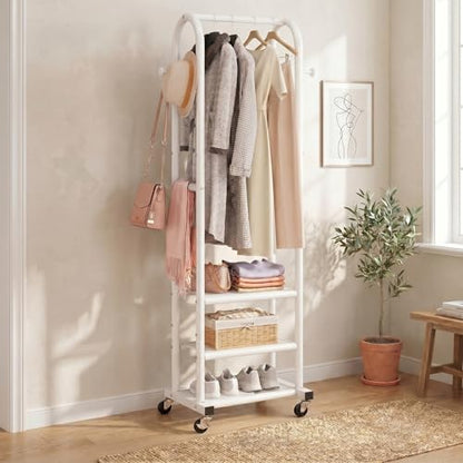 Dttwacoyh Clothing Rack with Wheels,Narrow Metal Garment Rack,White | Easy to install, 71.8 Inches Display Rack with 4 Side Hooks & 3 Shelves,for Small Flats, Bedroom, Entryway,White Clothes Rack - color: White