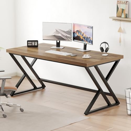 LVB Wood Computer Desk, Rustic Home Office Executive Desk for Bedroom, Industrial Wooden Computer Writing Study Work Gaming Table, Modern Metal PC Student Simple Desk with Storage, 55 Inch, Rustic Oak - color: Rustic Oak, size: 55 inch