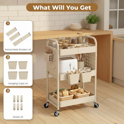 danpinera 3 Tier Rolling Cart with Retractable Dividers, Multi-Functional White Rolling Utility Cart with Pegboards, Hooks & Hanging Cups for Nursery, Living Room, Studio - color: Beige