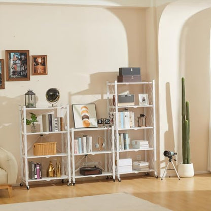 DEANIC 3 Tier Foldable Storage Shelves with Wheels, Large Capacity Shelving Unit, Freestanding Metal Wire Shelf Rack, No Assembly Organizer Rack for Garage Kitchen, Basement, Pantry(White Pack of 2) - color: White