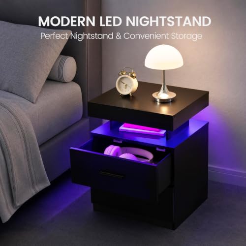 Black Nightstands set of 2 LED Night Stand with 2 Fabric Drawer for Bedroom | Nightstands with App-Controlled Adjustable LED Lights, Night Stand with Storage Shelf ,Modern Bedside Table for Bedroom - size: set of 2