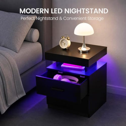 Black Nightstands set of 2 LED Night Stand with 2 Fabric Drawer for Bedroom | Nightstands with App-Controlled Adjustable LED Lights, Night Stand with Storage Shelf ,Modern Bedside Table for Bedroom - size: set of 2