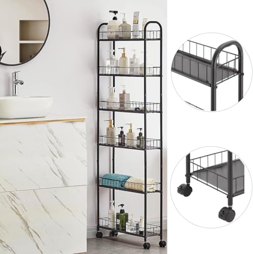 6 Tier 6in/10in Slim Rolling Storage Cart, Mobile Shelving Unit with Wheels, Metal Wire Storage Shelving Rack with Baskets for Kitchen Bathroom Office Laundry Narrow Places