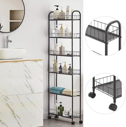 6 Tier 6in/10in Slim Rolling Storage Cart, Mobile Shelving Unit with Wheels, Metal Wire Storage Shelving Rack with Baskets for Kitchen Bathroom Office Laundry Narrow Places