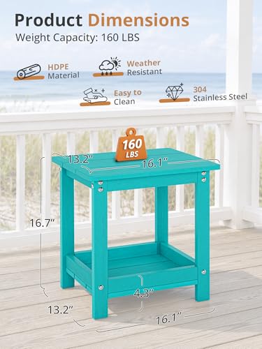 LUE BONA Small Outdoor Side Table, 2-Tier HDPE with Rail, Aruba Blue | Outdoor End Table with Rail for Patio, Deck, Poolside, Weather Resistant HDPE, Low Maintenance, Easy to Clean - color: Aruba Blue