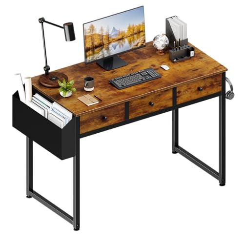 Lufeiya 40 Inch Desk with Drawers for Bedroom - 39 Inch Home Office Desks with 3 Fabric Storage Drawer and Pocket, Study Writing Table Rustic Computer Desk, Vintage Brown - color: Rustic Brown, size: 39.4"