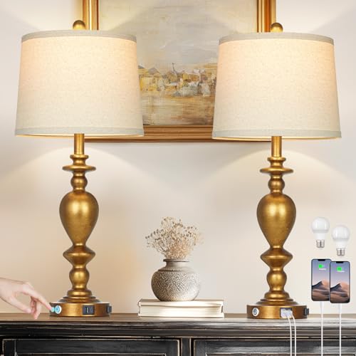 Cinkeda 28" Farmhouse Table Lamps Set of 2 with USB C+A Ports & AC Outlet for Vintage Living Room Retro Bedroom,3-Way Dimmable Touch Lamp Resin Bedside Lamps for Nightstand Side End Table, Brass - color: Brass