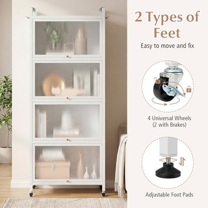 LDAILY 5-Tier Kitchen Storage Cabinet, Mobile Microwave Stand with Metal Frame, Double Anti-toppling Device, 4 Rolling Casters, Freestanding Bakers Rack for Kitchen, Dining Room, Living Room (White) - color: White