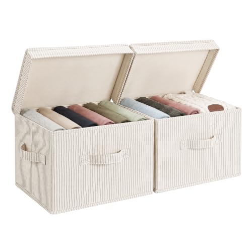 StorageWorks Closet Storage Bins, Fabric Storage Bins with Lids | Flip-Top Lid, 3 Handles, Collapsible, Stackable, for Clothes Blankets, Multi-Purpose, Medium, Khaki and Beige Stripes, 2-Pack - color: Khaki and Beige Stripes, size: Medium