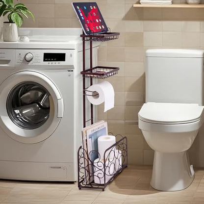 Oasis Creations Toilet Paper Holder Tissue Rack Stand with Magazine Toilet Roll Storage Basket- Freestanding, Bronze Metal - color: Bronze