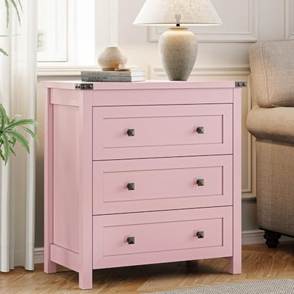 Xixini Farmhouse Nightstand with 3 Storage Drawers, 27.55" Wide Wood Bedside Table, Modern Side Table with Metal Handle, End Table for Bedroom, Pink - color: Pink