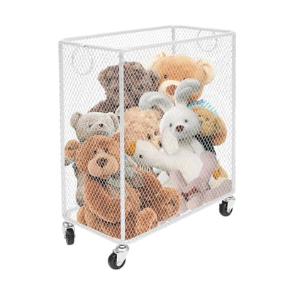 Metal Laundry Basket Cart, Rolling Laundry Hamper with Wheels, Freestanding Square Mobile Storage Cart, Raised Bottom, Round Handles, Hollow Mesh (White, 16.9x9x17.7in) - color: White, size: 16.9x9x17.7in