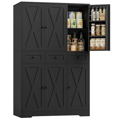 HOSTACK 67"H Farmhouse Kitchen Pantry Storage Cabinet with 3 Drawers, Black | Large Food Pantry Cabinet with Swing-Out Door Rack & Adjustable Shelf for Kitchen, Dining room, Living room - color: Black