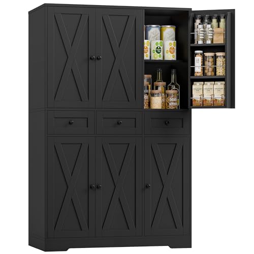 HOSTACK 67"H Farmhouse Kitchen Pantry Storage Cabinet with 3 Drawers, Black | Large Food Pantry Cabinet with Swing-Out Door Rack & Adjustable Shelf for Kitchen, Dining room, Living room - color: Black