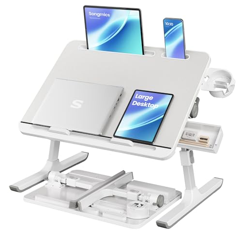 SONGMICS Bed Laptop Desk, Foldable Bed Desk for Laptop, 15.7 x 22 Inches Large Desktop, 120° Stepless Tilt, Adjustable Height, Cup Holder, Tray, Portable Bed Sofa Table, Gray ULLD113GZ01