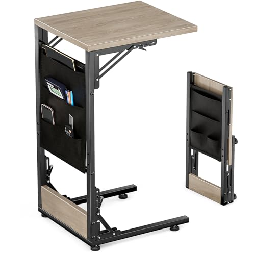 Folding TV Tray Table, Small Folding Side Table with Storage Bag, Portable C Shaped End Table for Couch Sofa Bed, Oak Gray - color: Oak Gray, size: 11.8" x 15.7" x 28.8"