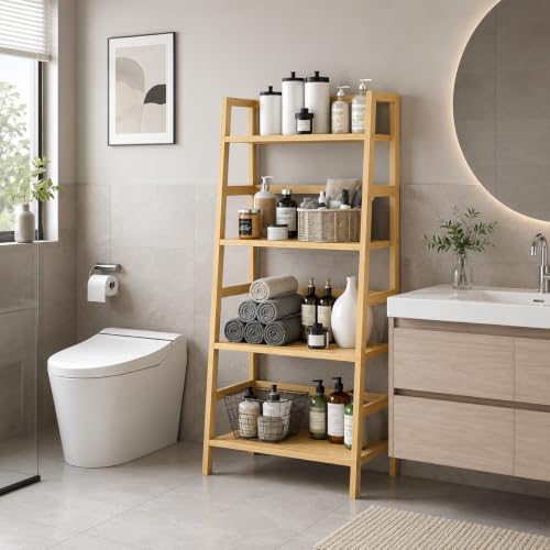 Bamboo Ladder Shelf, 4-Tier Wooden Ladder Bookshelf & Bookcase Organizer | 49.2” Freestanding Open Display Storage Shelves, Wood Plant Stand Rack for Small Space, Bathroom, Living Room, Bedroom - color: Natural